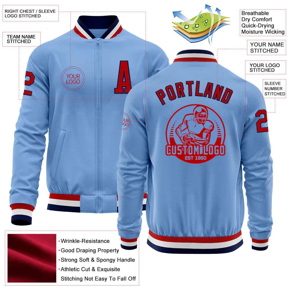 Custom Light Blue Red-Navy Bomber Varsity Letterman Zipper Jacket - Image 4