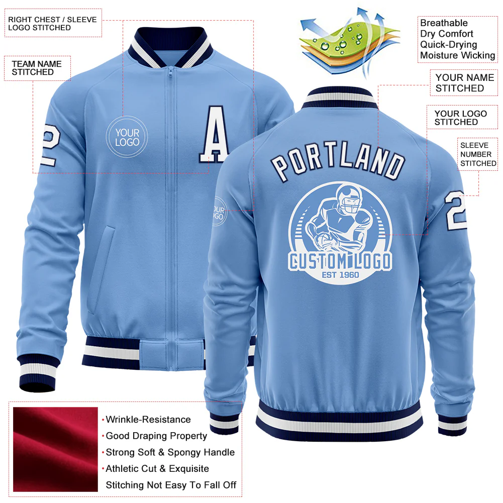 Custom Light Blue White-Navy Bomber Varsity Letterman Zipper Jacket - Image 4