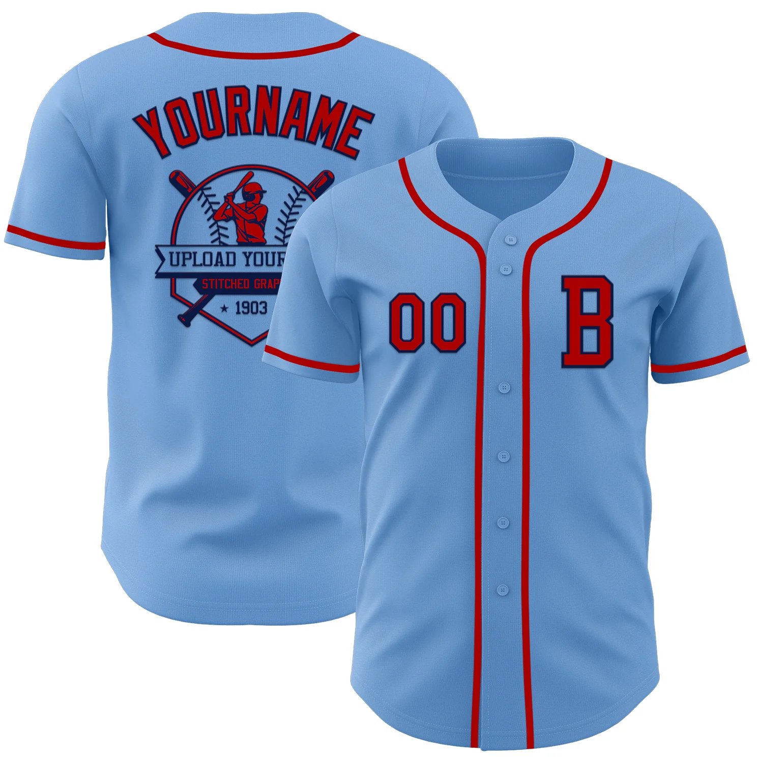 Custom Light Blue Red-Navy Authentic Baseball Jersey - Image 5