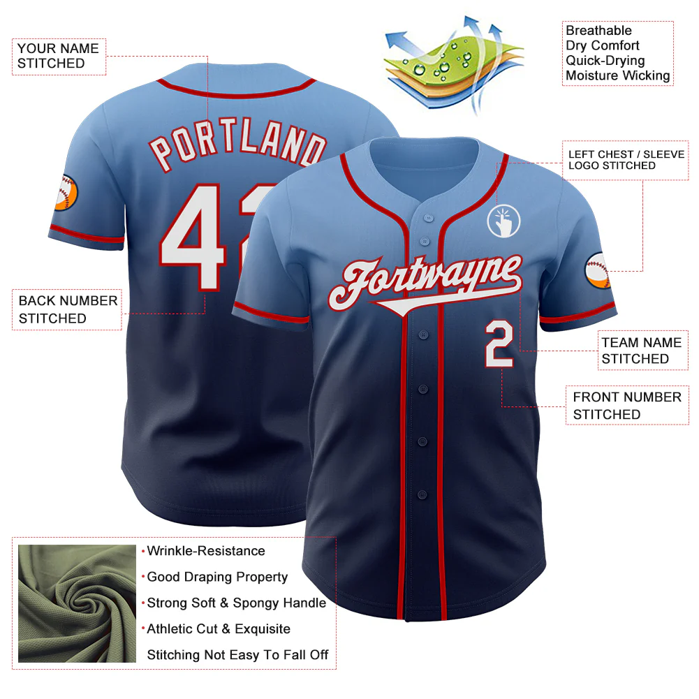 Custom Light Blue Navy-Red Authentic Fade Fashion Baseball Jersey - Image 3