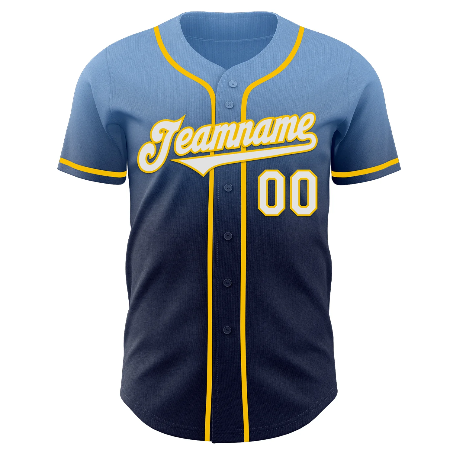 Custom Light Blue Navy-Yellow Authentic Fade Fashion Baseball Jersey - Image 2