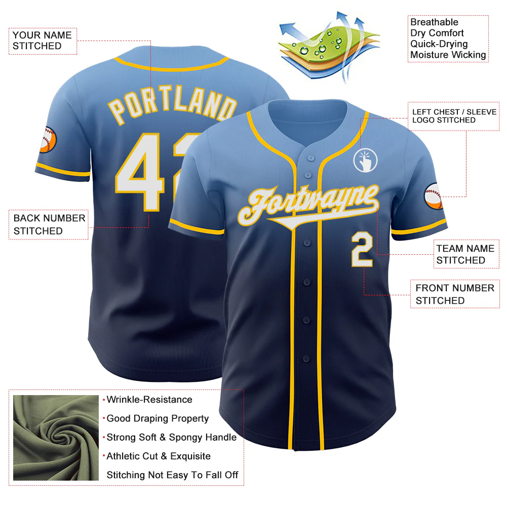 Custom Light Blue Navy-Yellow Authentic Fade Fashion Baseball Jersey - Image 3