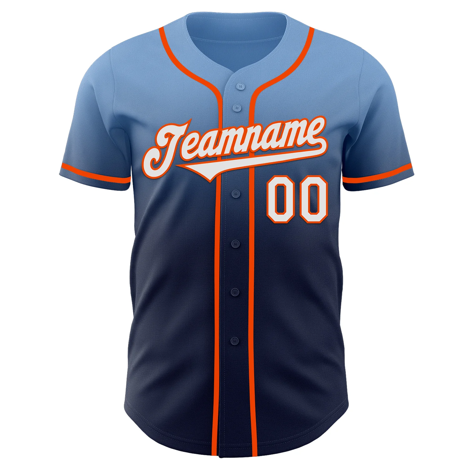 Custom Light Blue Navy-Orange Authentic Fade Fashion Baseball Jersey - Image 2