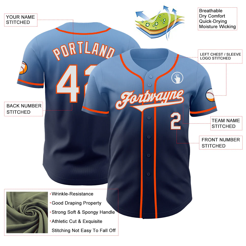 Custom Light Blue Navy-Orange Authentic Fade Fashion Baseball Jersey - Image 3