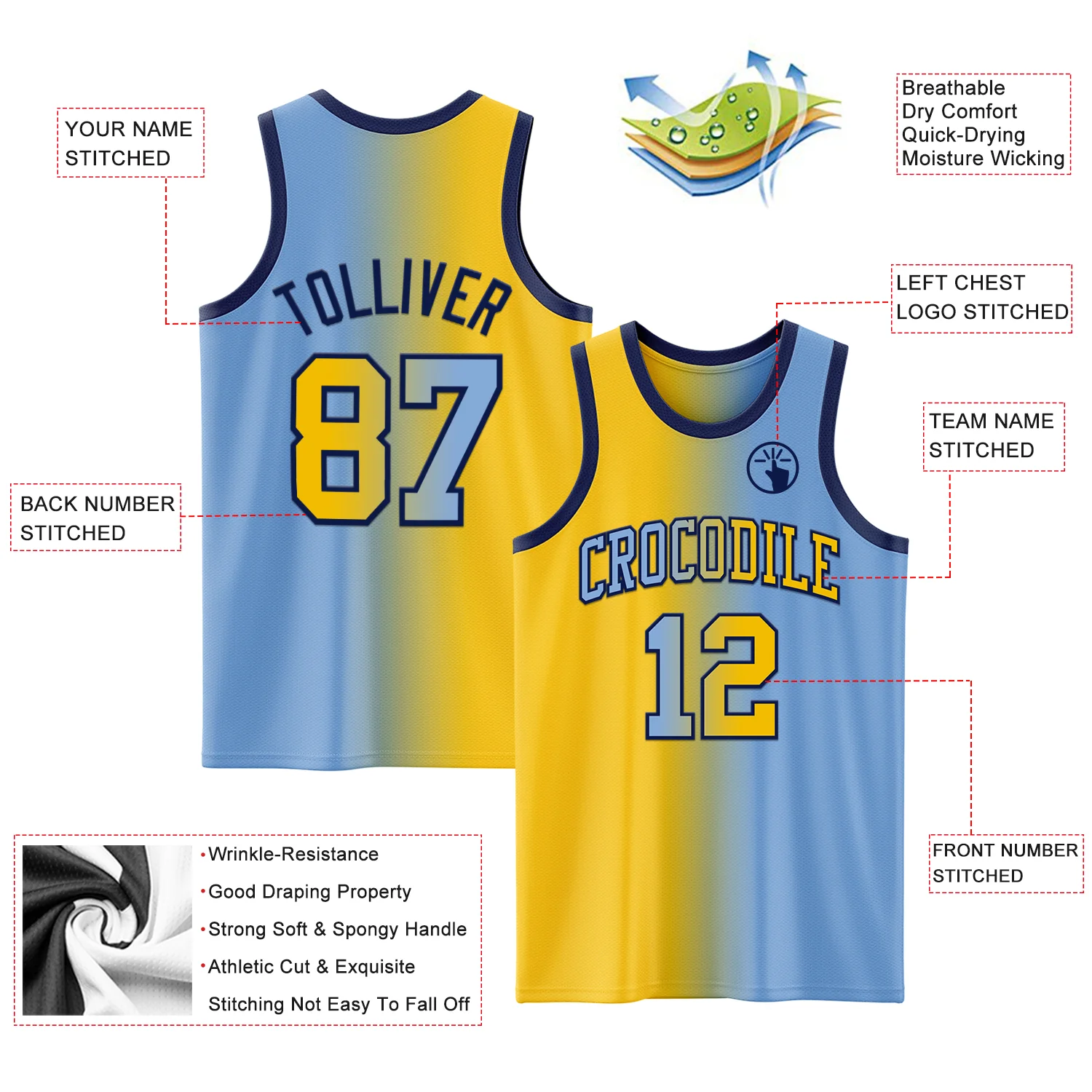 Custom Light Blue Yellow-Navy Authentic Gradient Fashion Basketball Jersey - Image 3