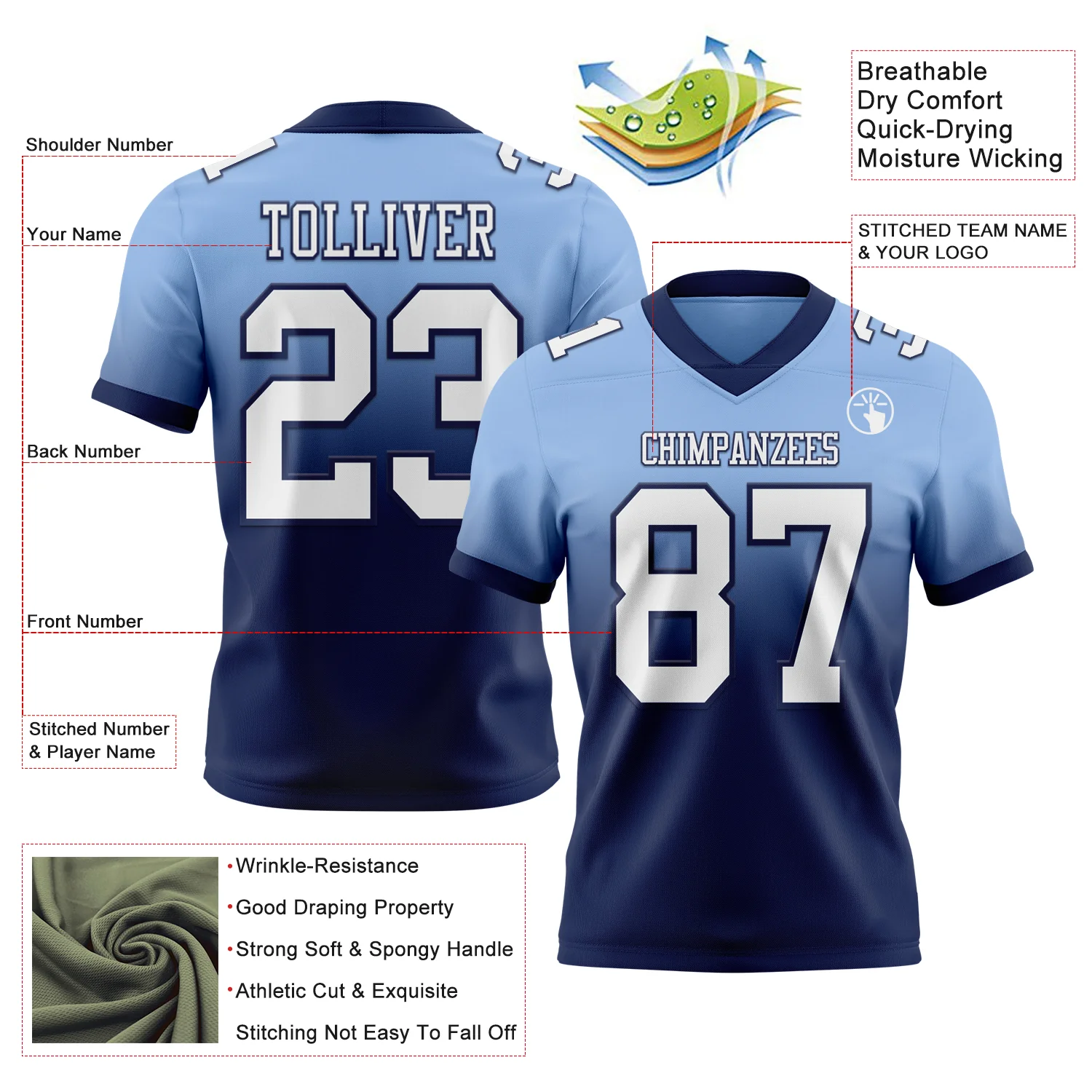 Custom Light Blue White-Navy Authentic Fade Fashion Football Jersey - Image 2