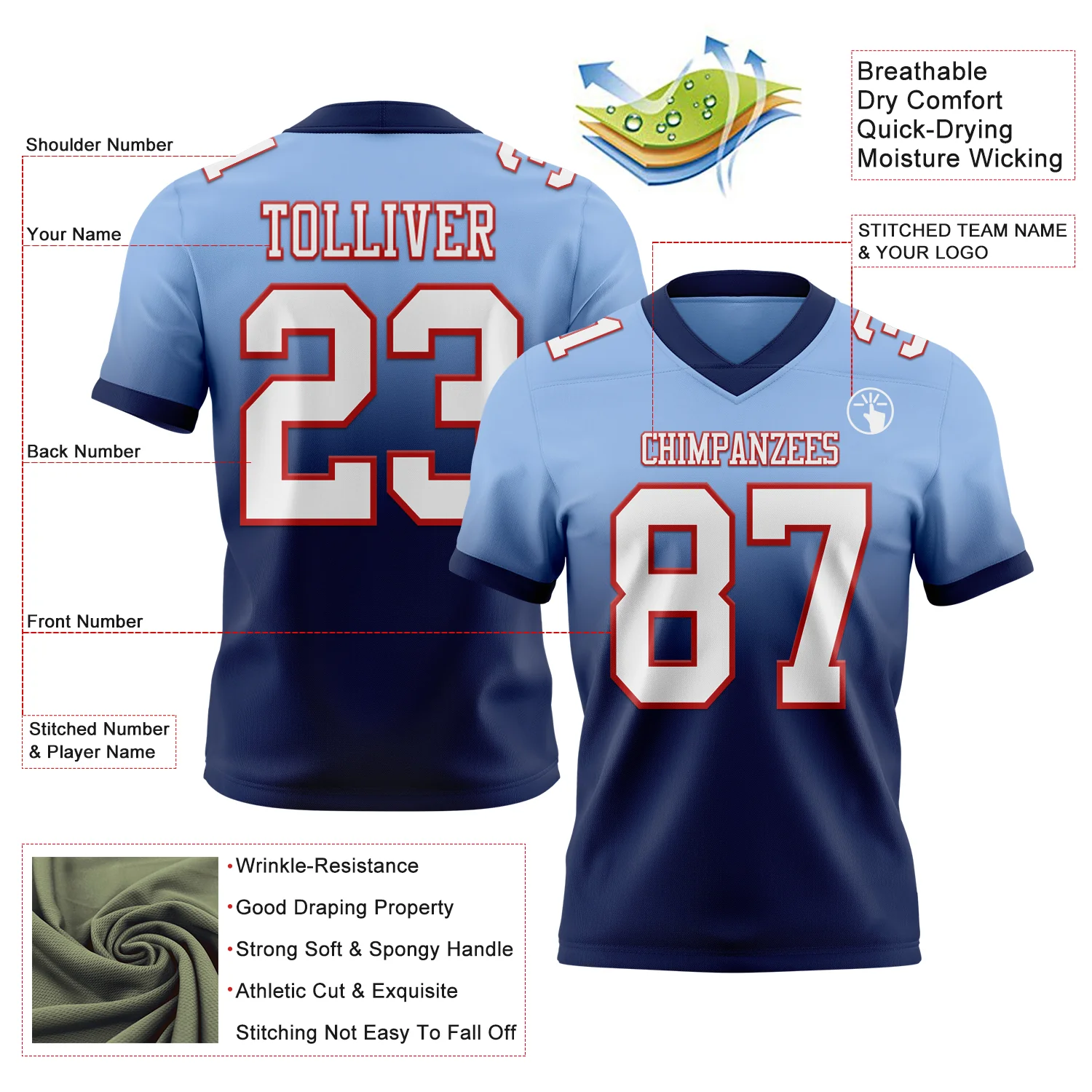Custom Light Blue White Navy-Red Authentic Fade Fashion Football Jersey - Image 2