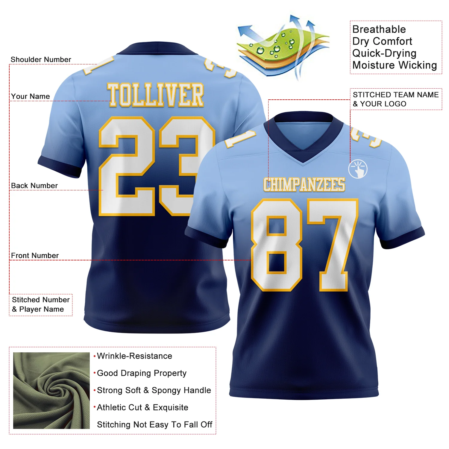 Custom Light Blue White Navy-Gold Authentic Fade Fashion Football Jersey - Image 2