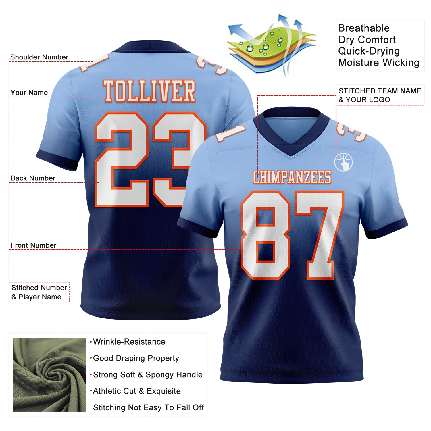 Custom Light Blue White Navy-Orange Authentic Fade Fashion Football Jersey - Image 2