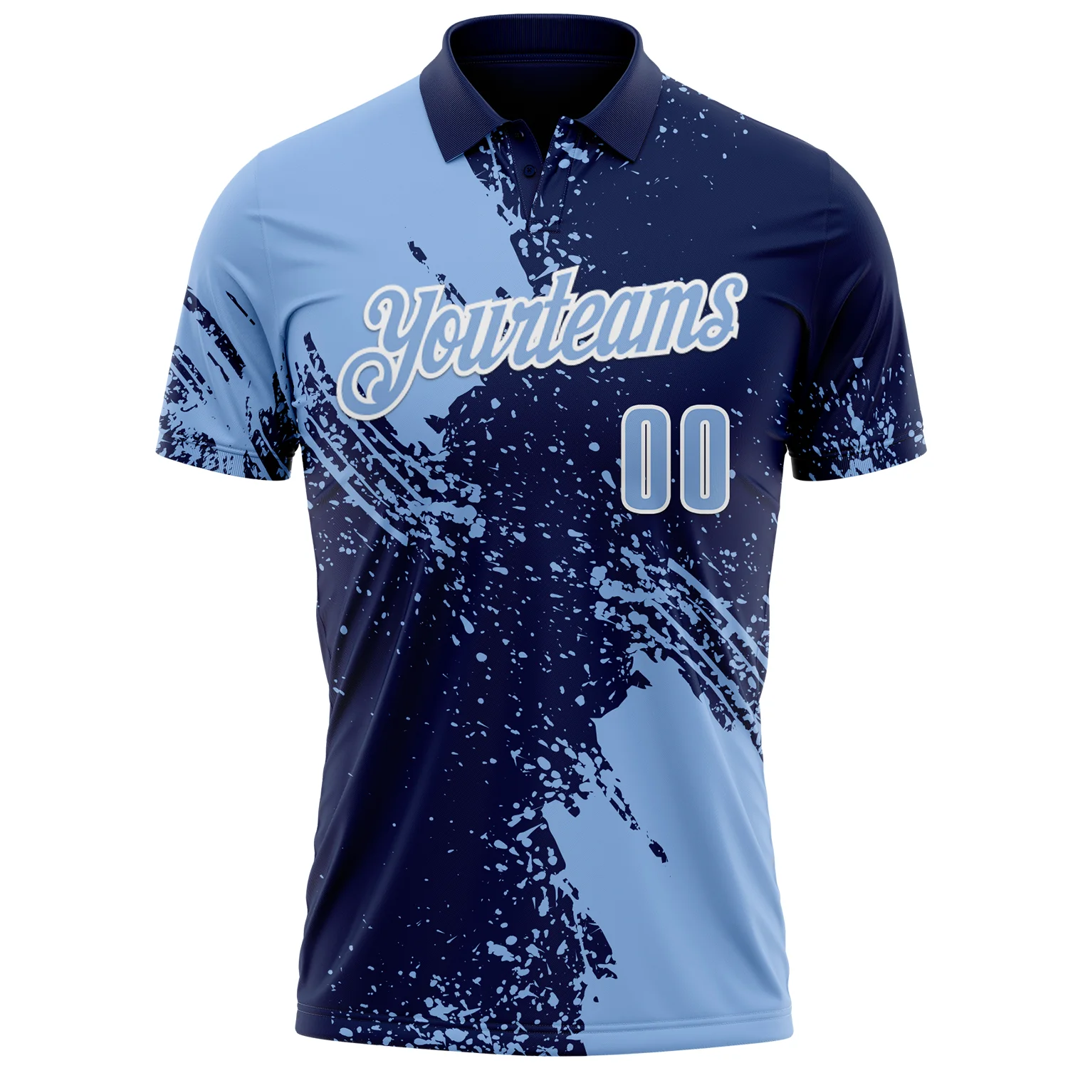Custom Light Blue Navy-White 3D Pattern Design Abstract Brush Stroke Performance Polo Shirt - Image 2