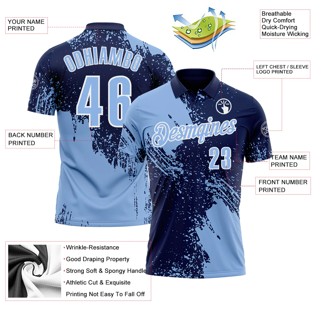 Custom Light Blue Navy-White 3D Pattern Design Abstract Brush Stroke Performance Polo Shirt - Image 3