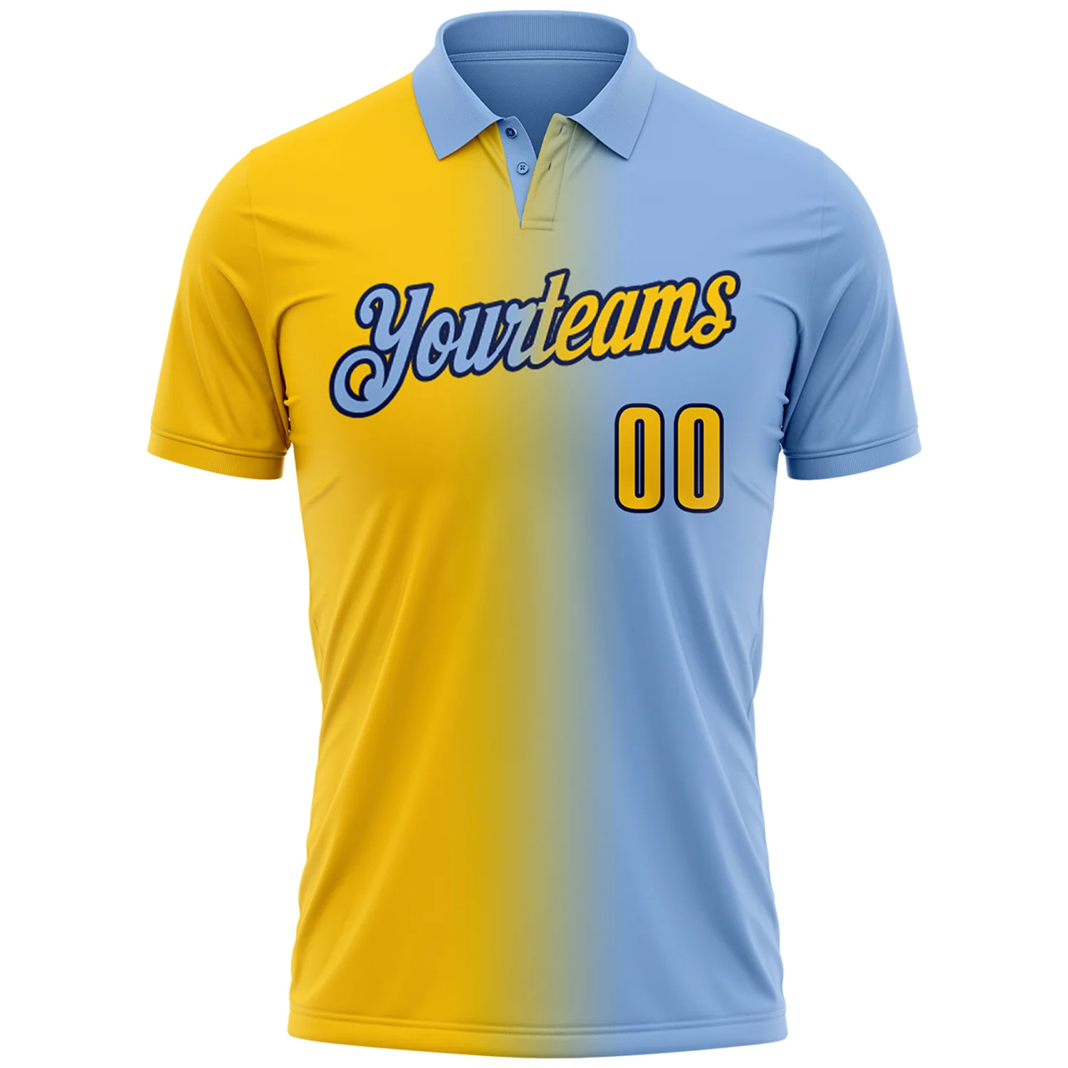 Custom Light Blue Yellow-Navy 3D Gradient Fashion Performance Polo Shirt - Image 2