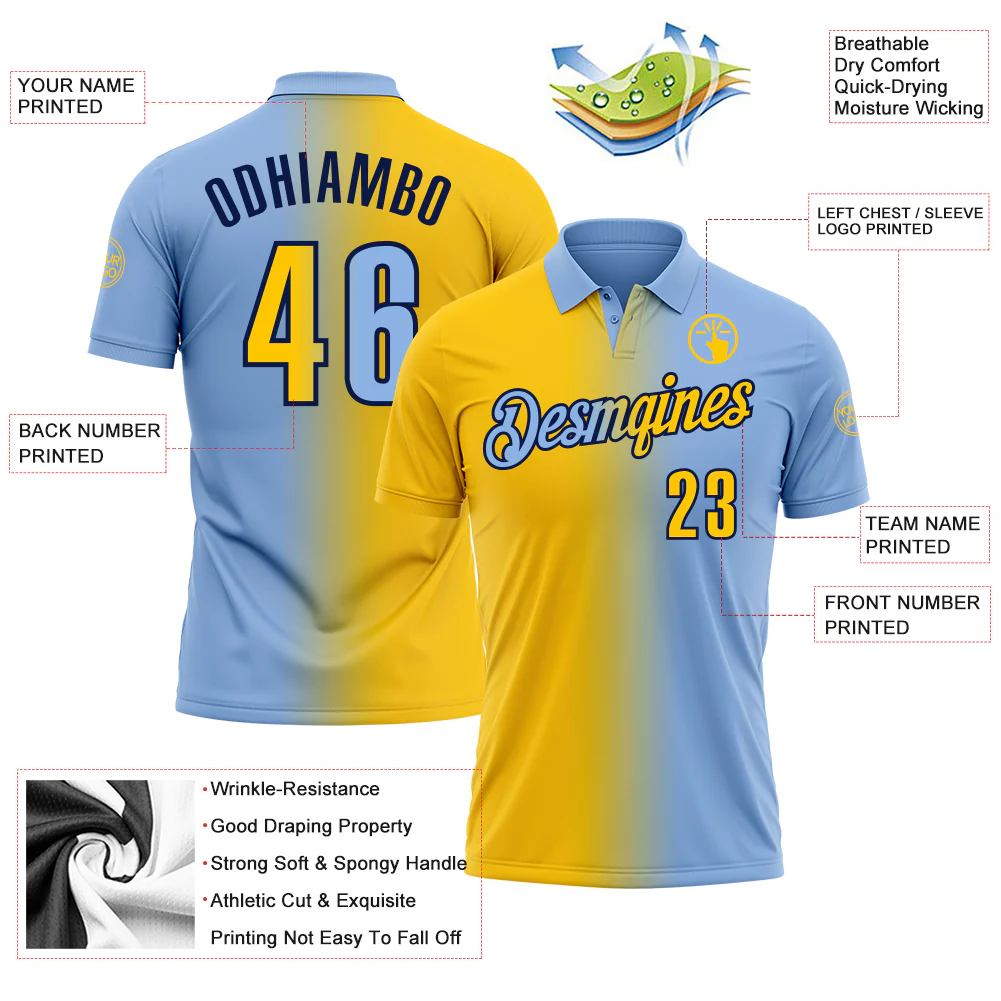 Custom Light Blue Yellow-Navy 3D Gradient Fashion Performance Polo Shirt - Image 3