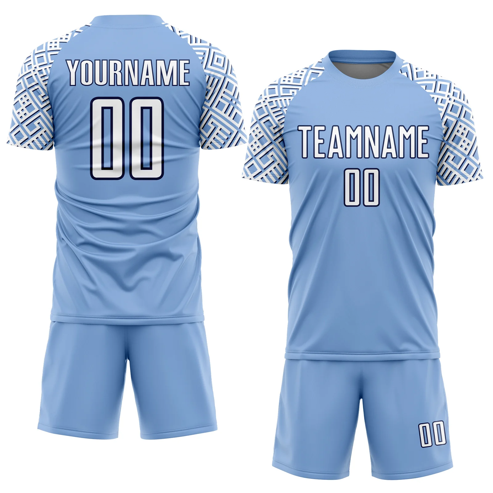 Custom Light Blue White-Navy Geometric Shape Sublimation Soccer Uniform Jersey - Image 2