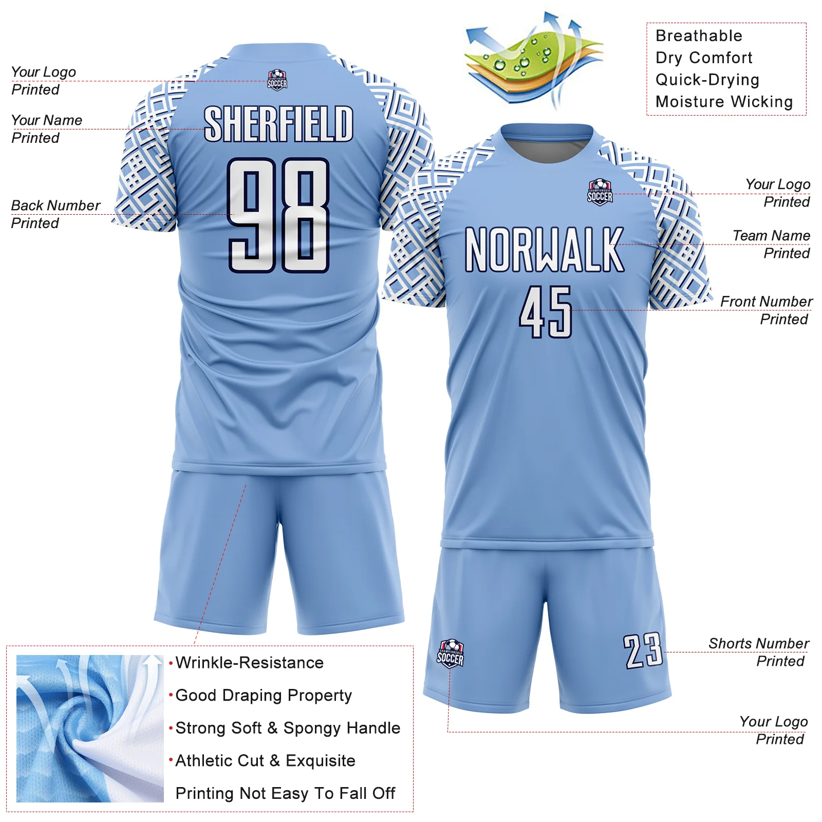 Custom Light Blue White-Navy Geometric Shape Sublimation Soccer Uniform Jersey - Image 4