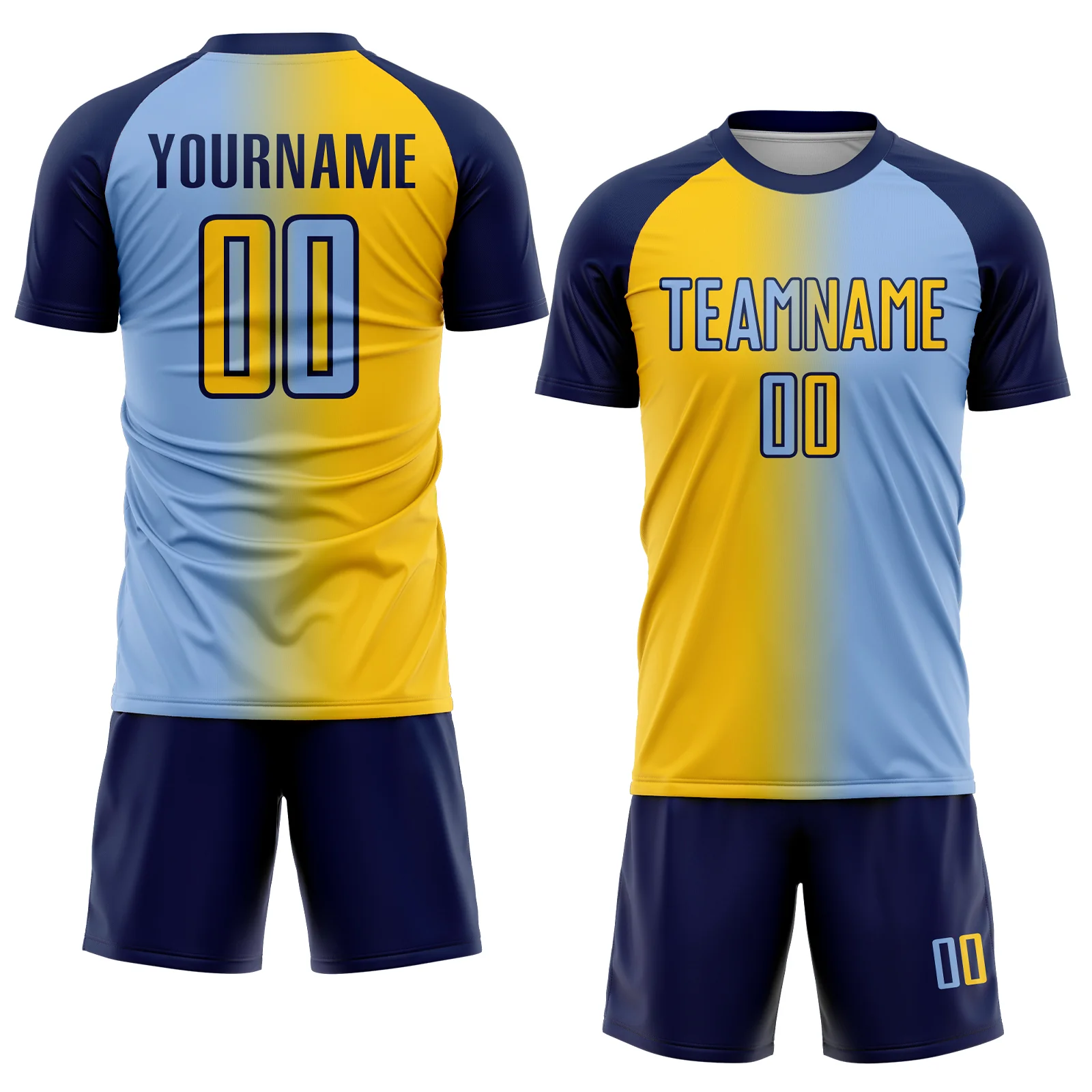 Custom Light Blue Yellow-Navy Sublimation Gradient Fashion Soccer Uniform Jersey - Image 2
