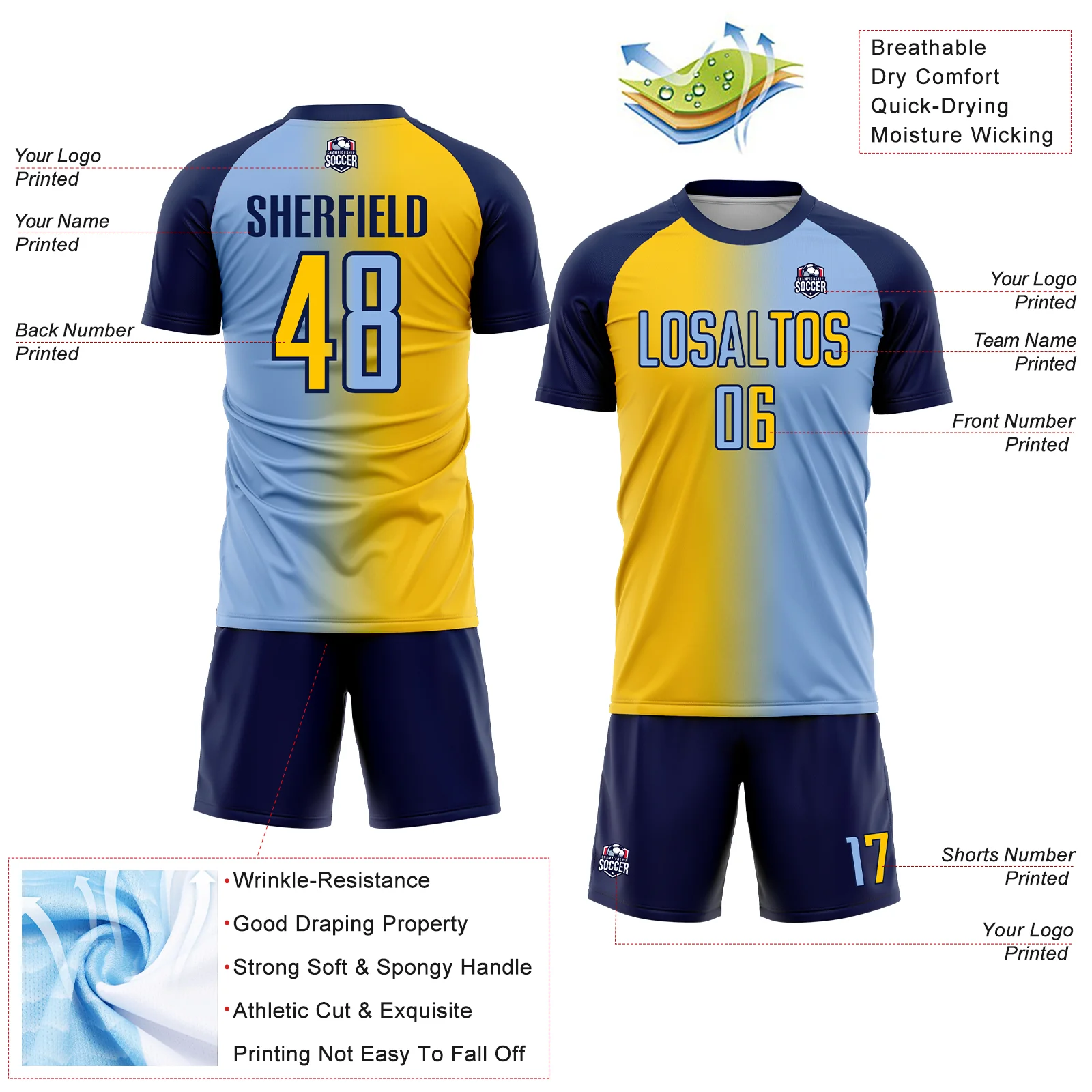 Custom Light Blue Yellow-Navy Sublimation Gradient Fashion Soccer Uniform Jersey - Image 4