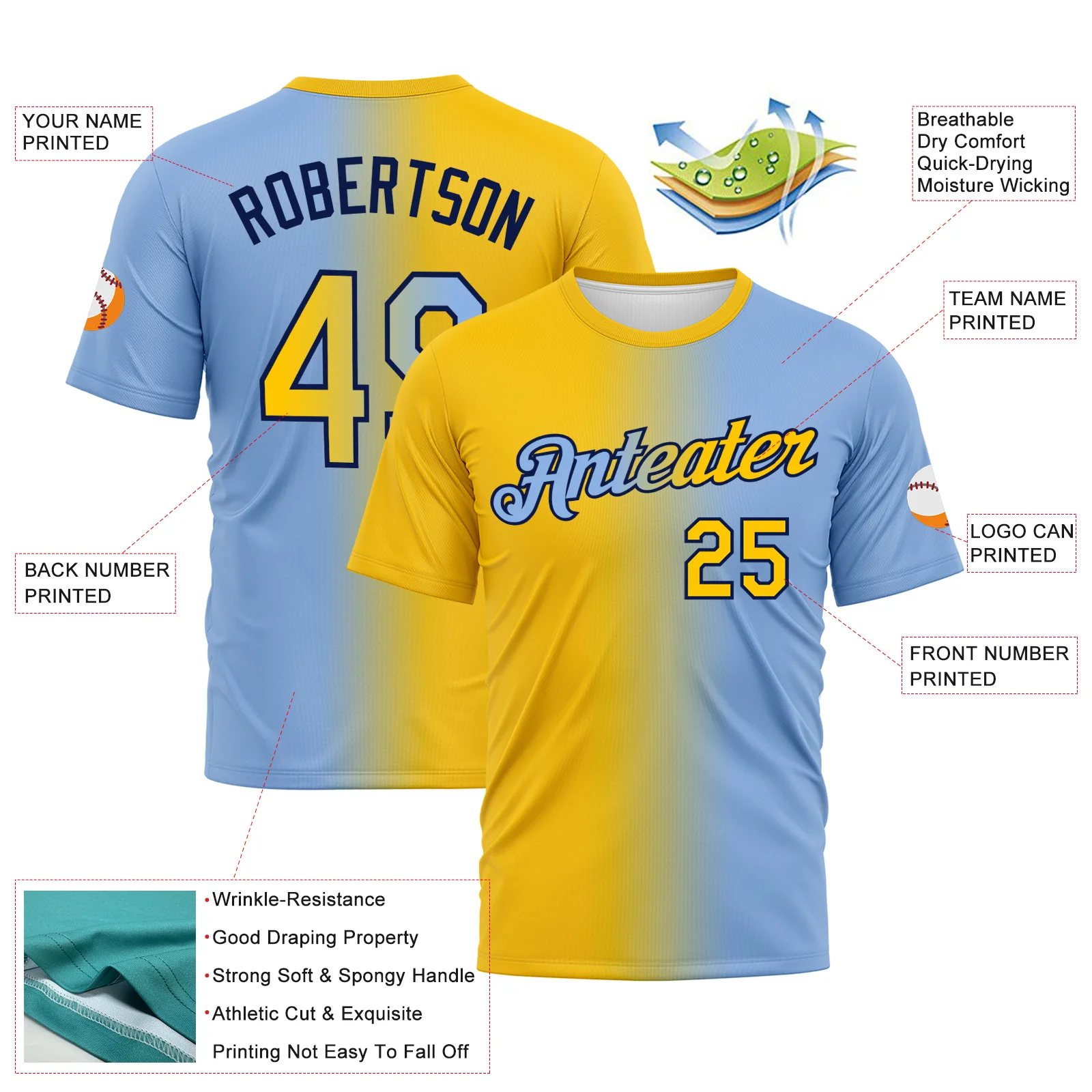 Custom Light Blue Yellow-Navy Gradient Fashion Performance T-Shirt - Image 2