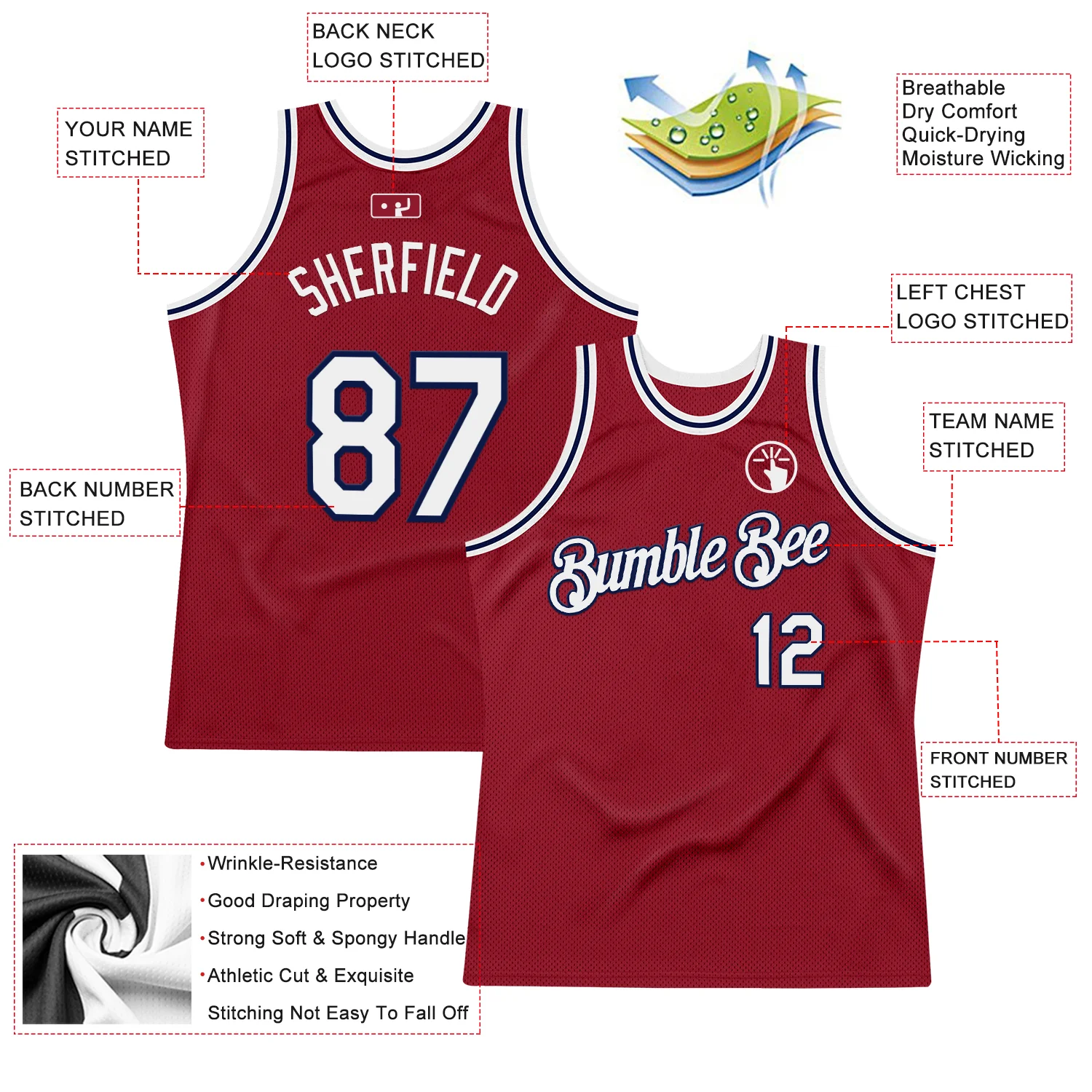 Custom Maroon White-Navy Authentic Throwback Basketball Jersey - Image 2
