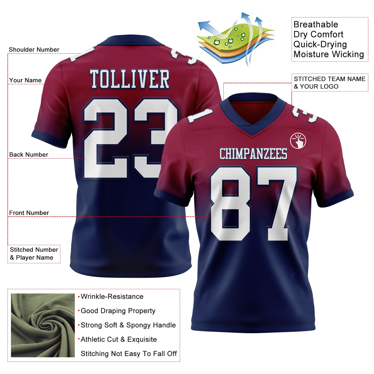 Custom Maroon White-Navy Authentic Fade Fashion Football Jersey - Image 2
