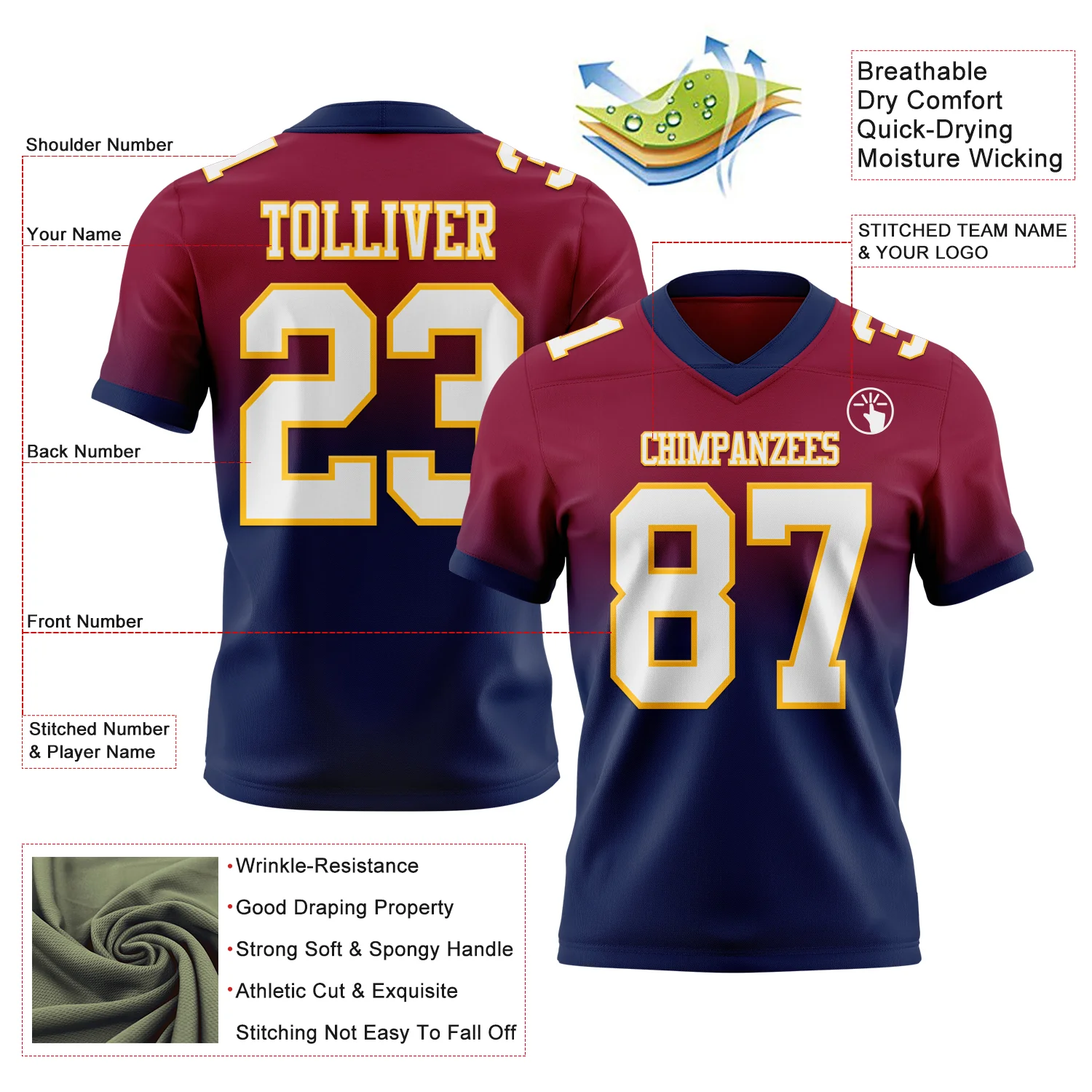Custom Maroon White Navy-Gold Authentic Fade Fashion Football Jersey - Image 2