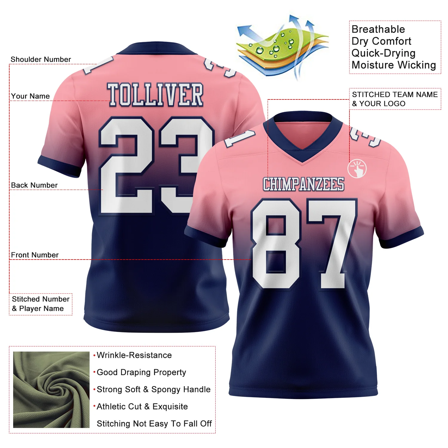 Custom Medium Pink White-Navy Authentic Fade Fashion Football Jersey - Image 2