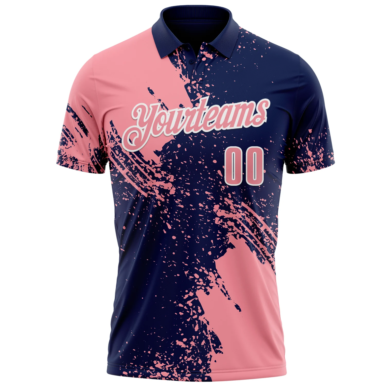 Custom Medium Pink Navy-White 3D Pattern Design Abstract Brush Stroke Performance Polo Shirt - Image 2