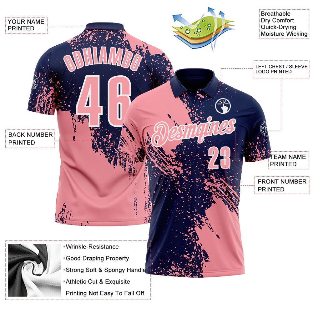 Custom Medium Pink Navy-White 3D Pattern Design Abstract Brush Stroke Performance Polo Shirt - Image 3