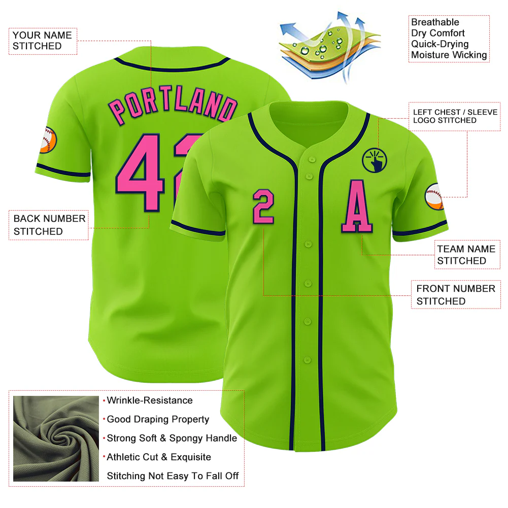 Custom Neon Green Pink-Navy Authentic Baseball Jersey - Image 2