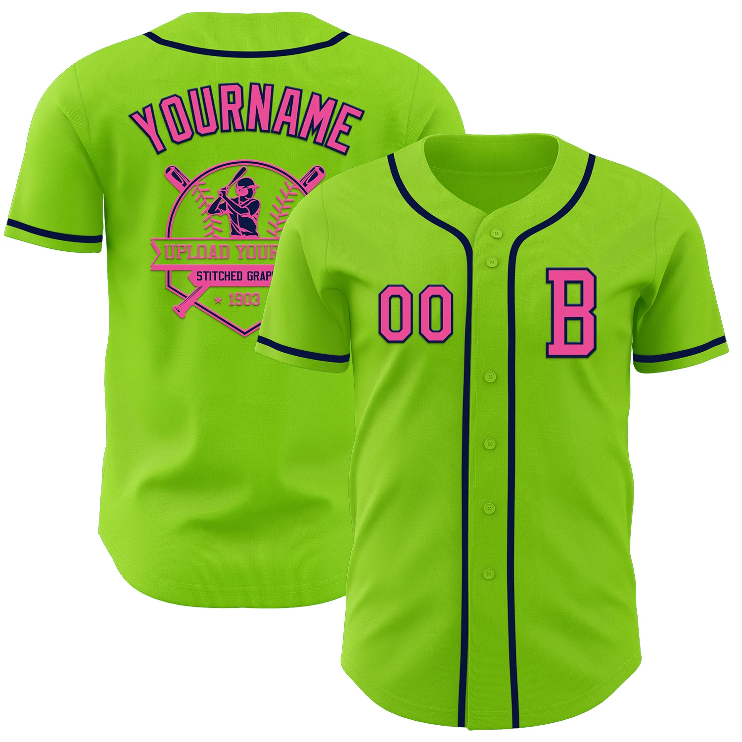 Custom Neon Green Pink-Navy Authentic Baseball Jersey - Image 5