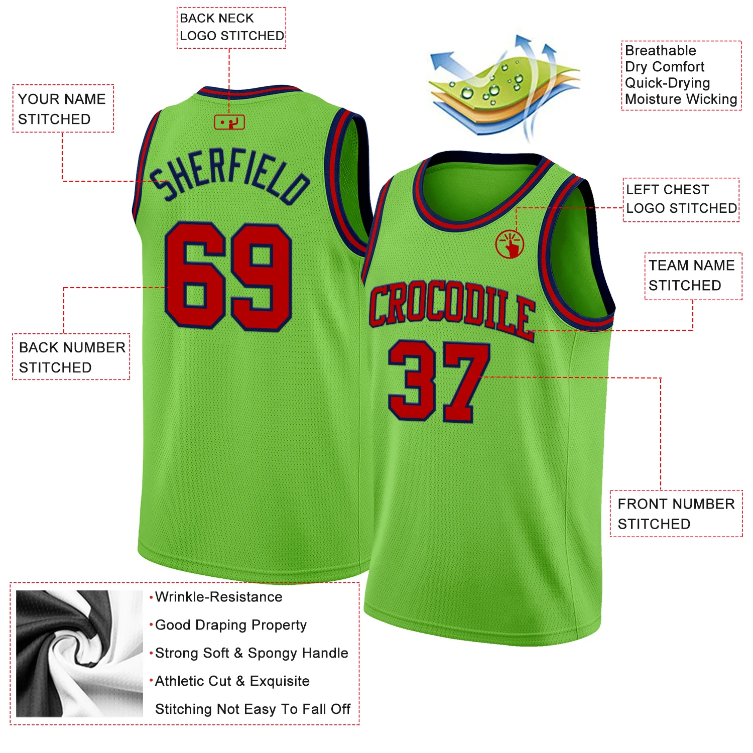 Custom Neon Green Red-Navy Authentic Basketball Jersey - Image 2