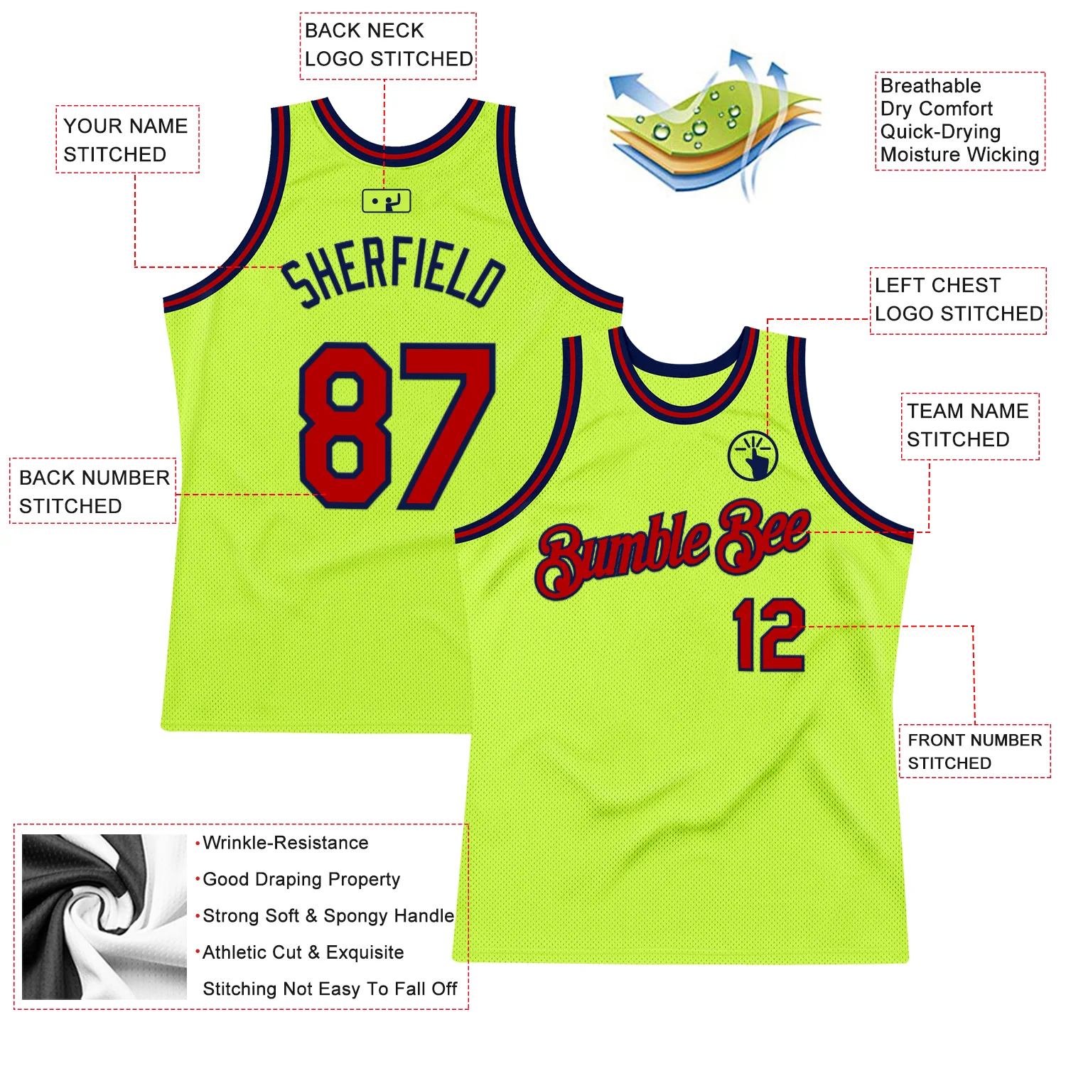 Custom Neon Green Red-Navy Authentic Throwback Basketball Jersey - Image 2