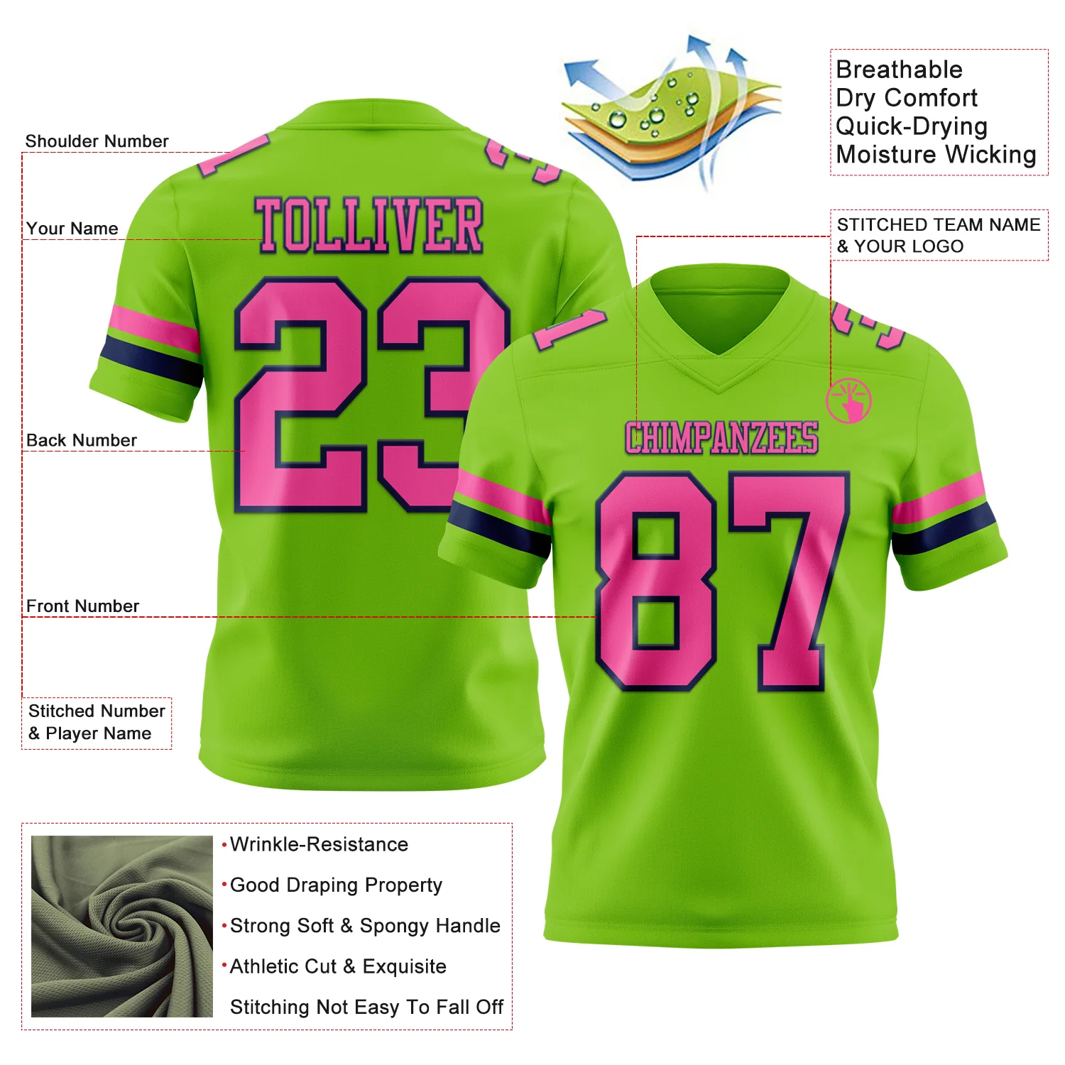 Custom Neon Green Pink-Navy Authentic Football Jersey - Image 3