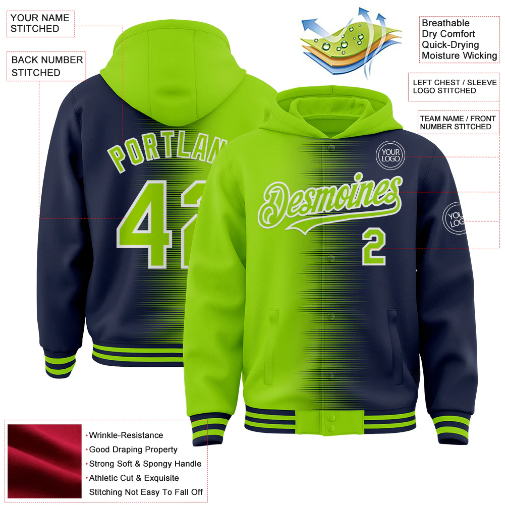 Custom Neon Green Navy-White Gradient Line Bomber Full-Snap Varsity Letterman Hoodie Jacket - Image 4
