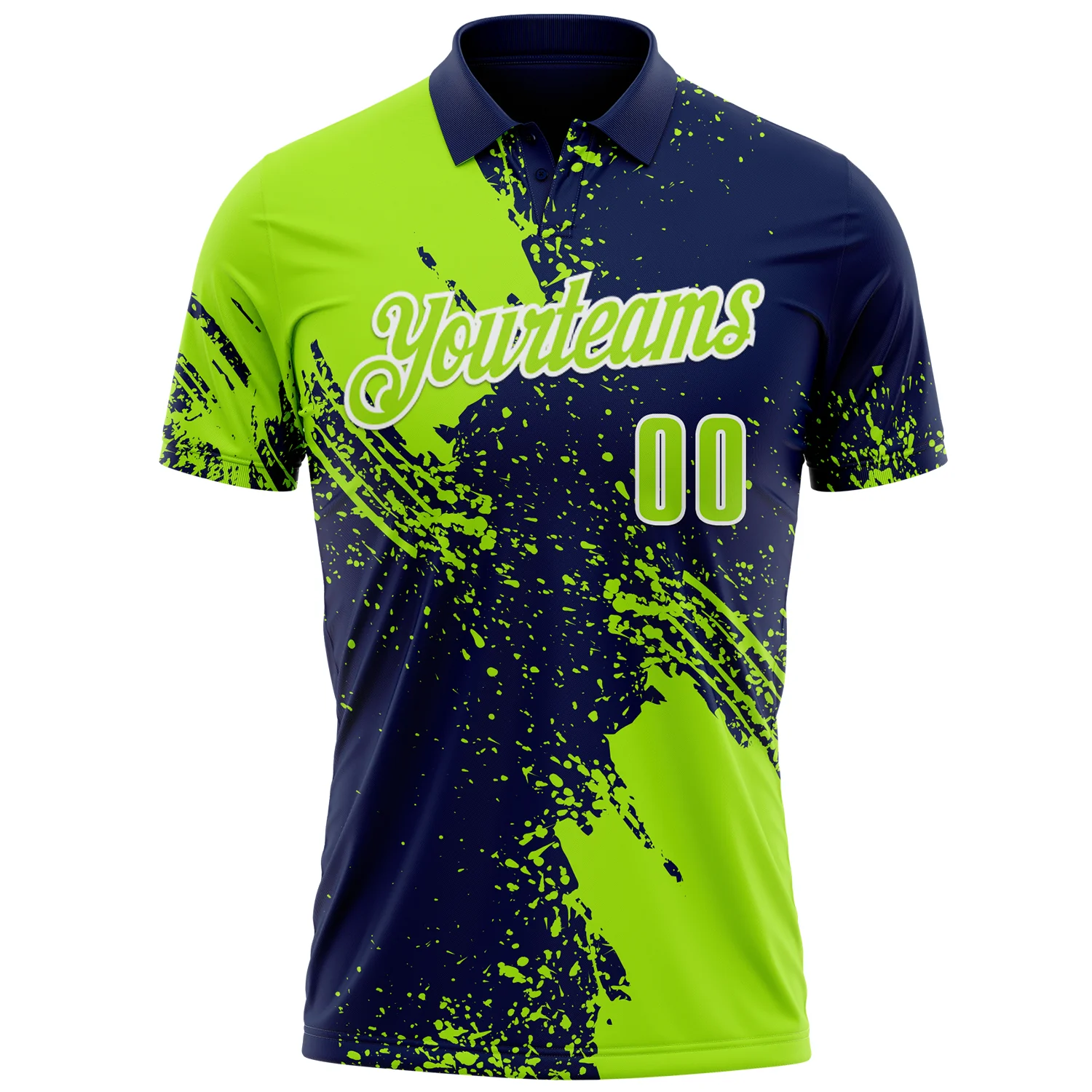 Custom Neon Green Navy-White 3D Pattern Design Abstract Brush Stroke Performance Polo Shirt - Image 2