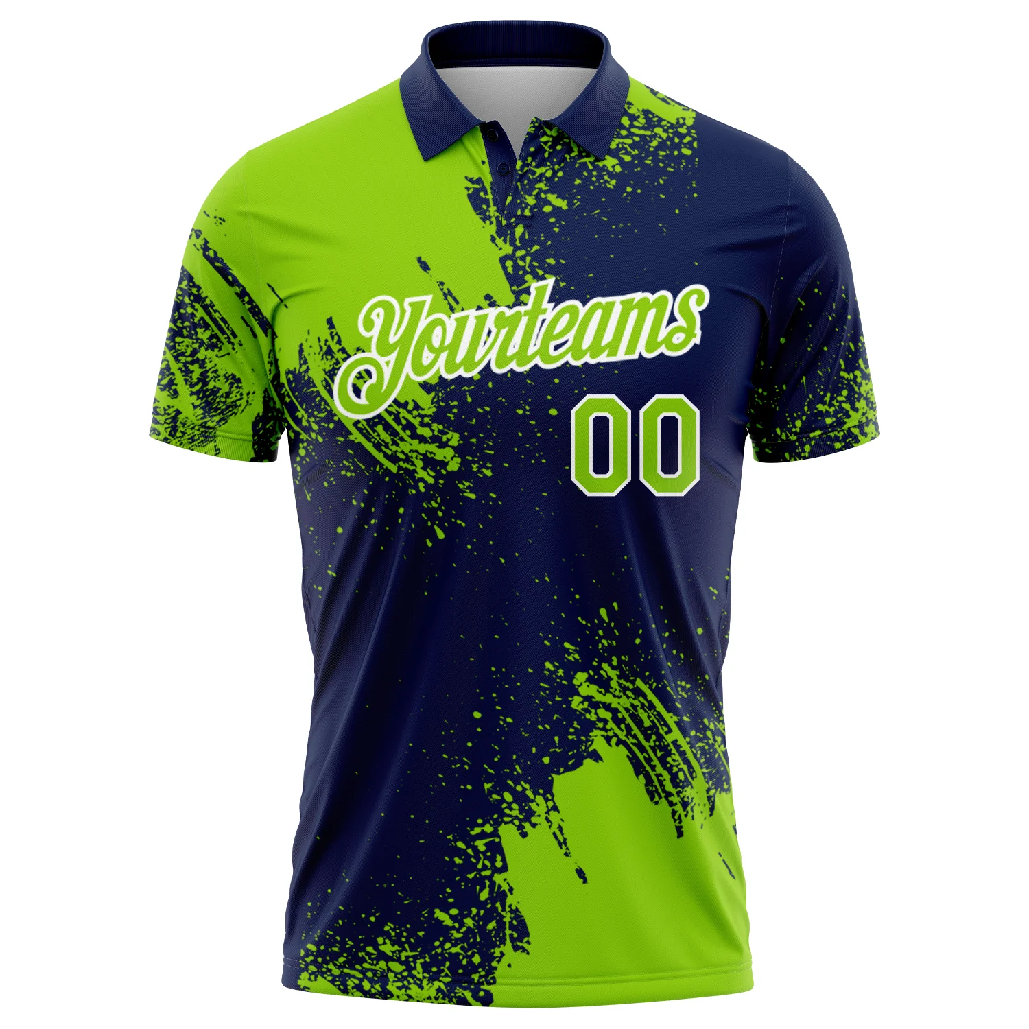 Custom Neon Green Navy-White 3D Pattern Design Abstract Brush Stroke Performance Polo Shirt - Image 3