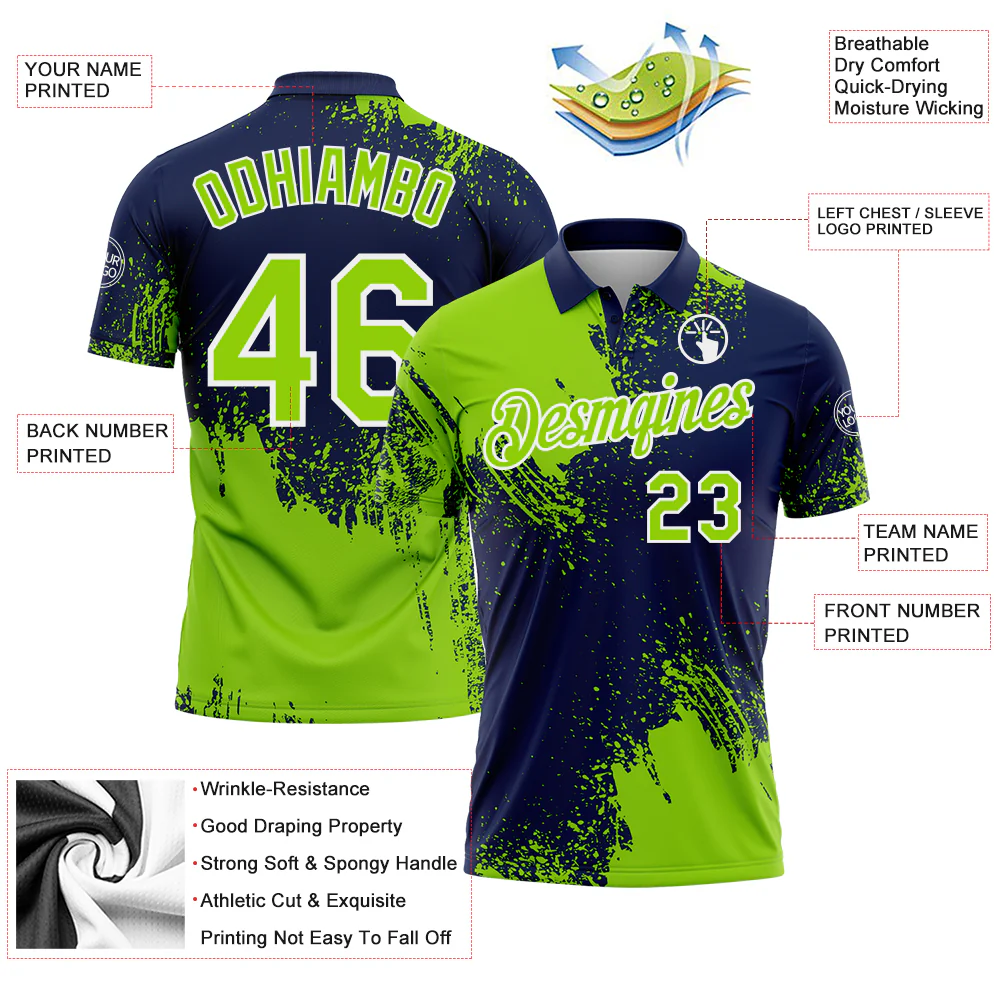 Custom Neon Green Navy-White 3D Pattern Design Abstract Brush Stroke Performance Polo Shirt - Image 4