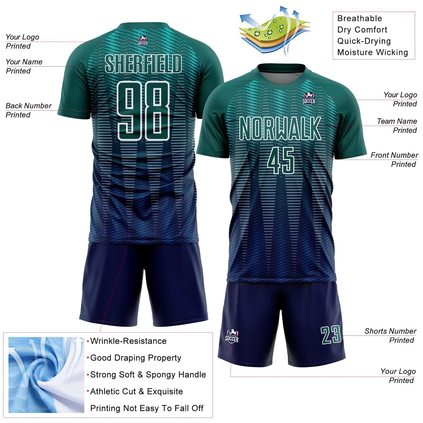 Custom Neon Green Navy-White Gradient Line Sublimation Soccer Uniform Jersey - Image 4