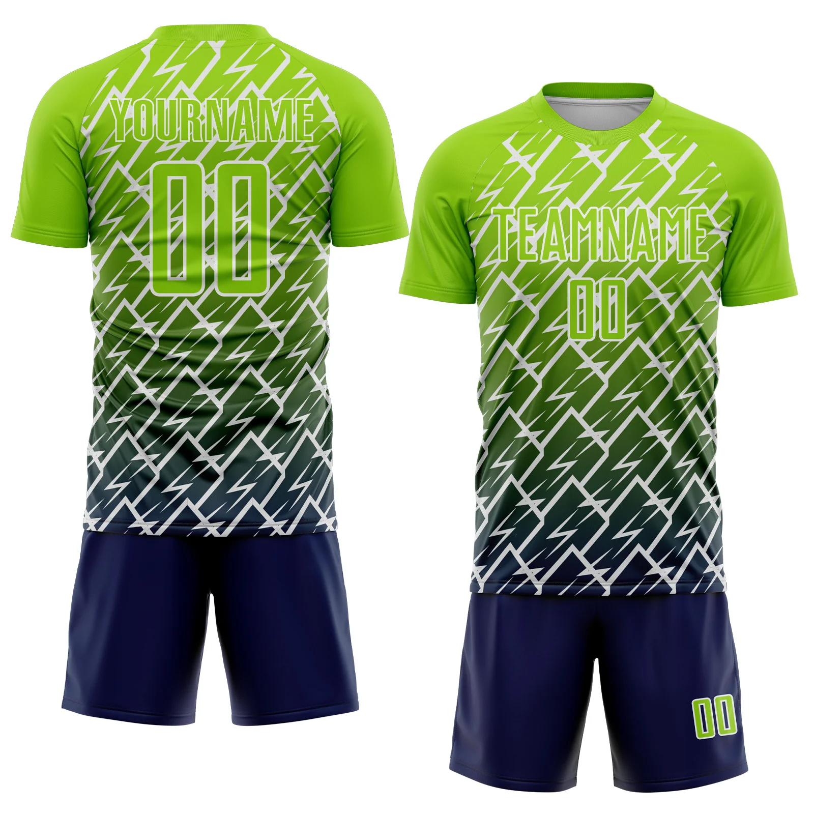 Custom Neon Green Navy-White Lightning Sports Sublimation Soccer Uniform Jersey - Image 2