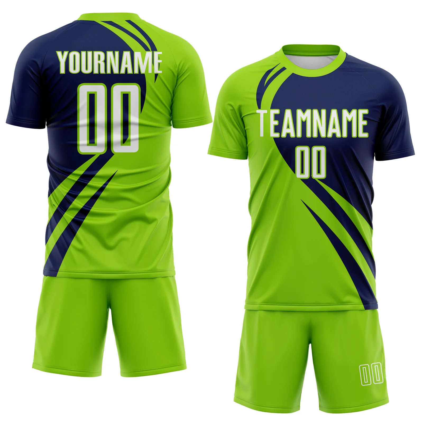 Custom Neon Green White-Navy Diagonal Streamline Color Block Swirl Curve Lines Sublimation Soccer Uniform Jersey - Image 2