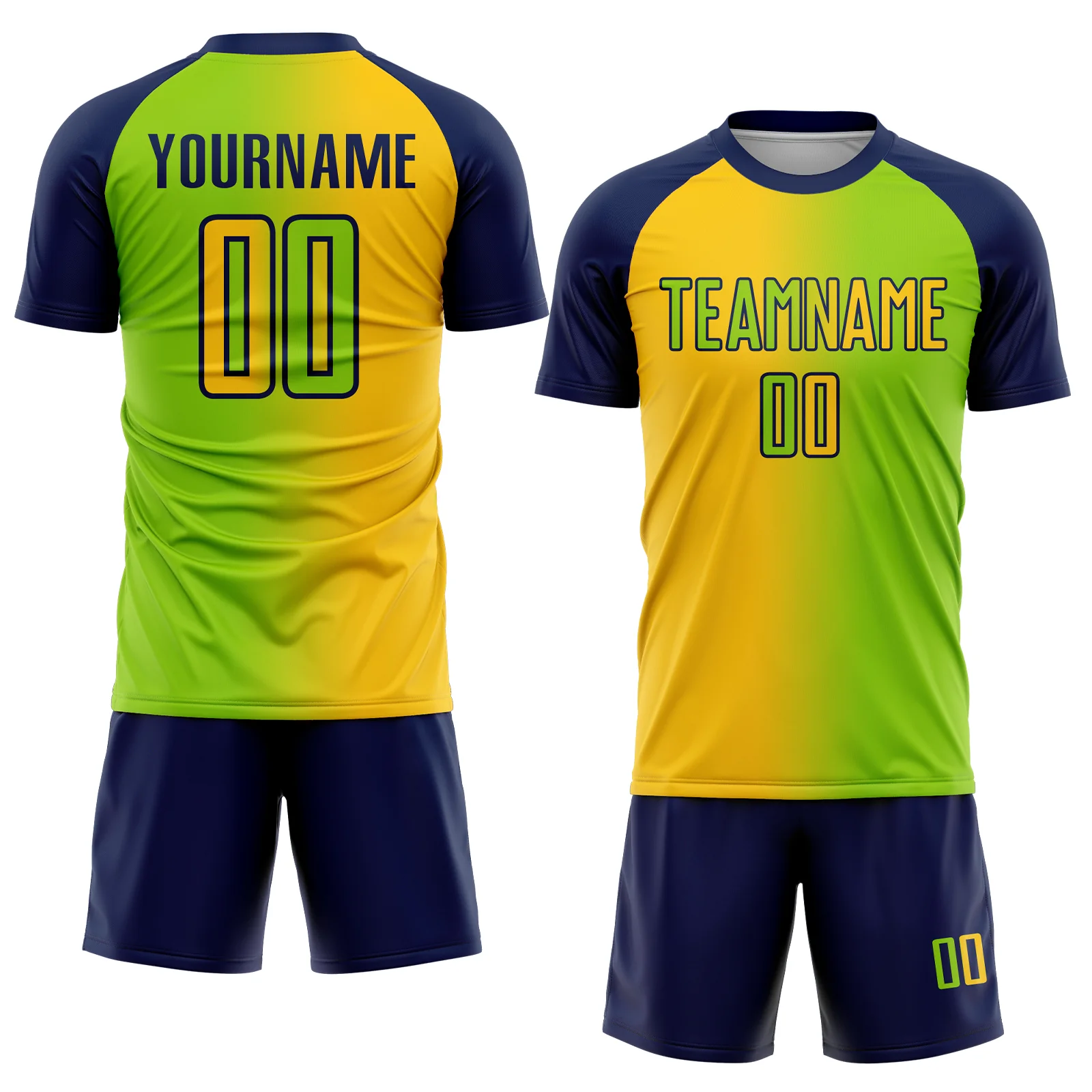 Custom Neon Green Yellow-Navy Sublimation Gradient Fashion Soccer Uniform Jersey - Image 2
