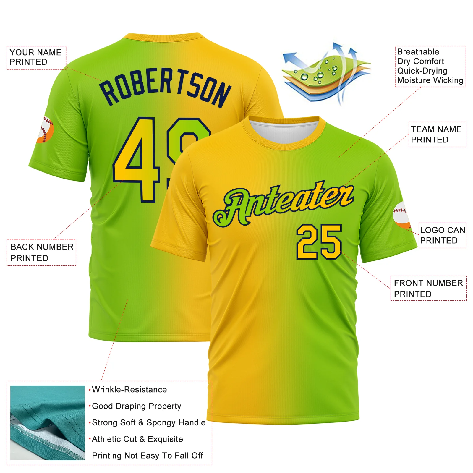Custom Neon Green Yellow-Navy Gradient Fashion Performance T-Shirt - Image 2