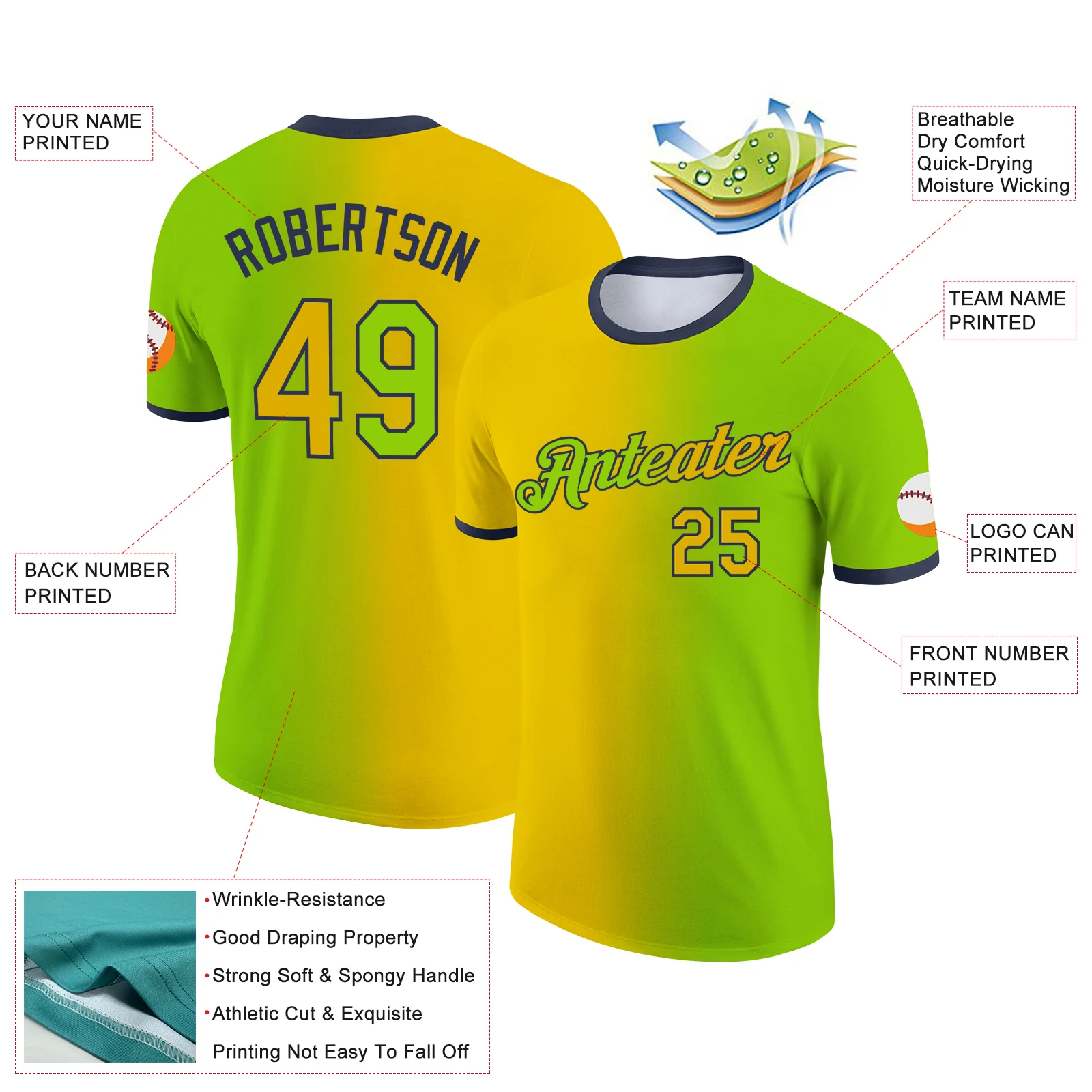 Custom Neon Green Yellow-Navy Gradient Fashion Performance T-Shirt - Image 2