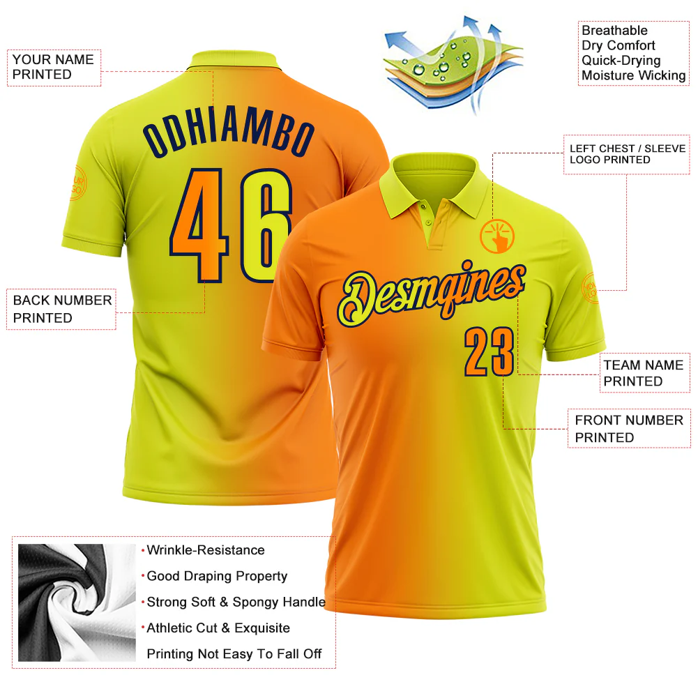 Custom Neon Yellow Bay Orange-Navy 3D Gradient Fashion Performance Polo Shirt - Image 3
