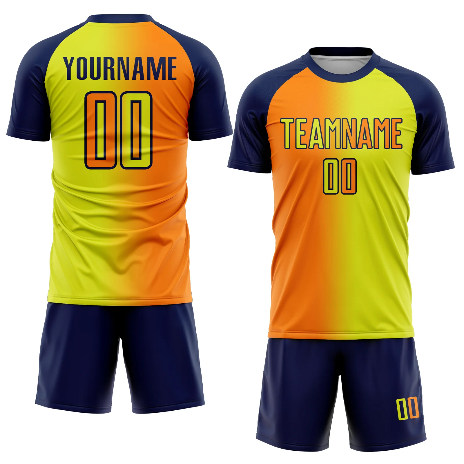 Custom Neon Yellow Bay Orange-Navy Sublimation Gradient Fashion Soccer Uniform Jersey - Image 2