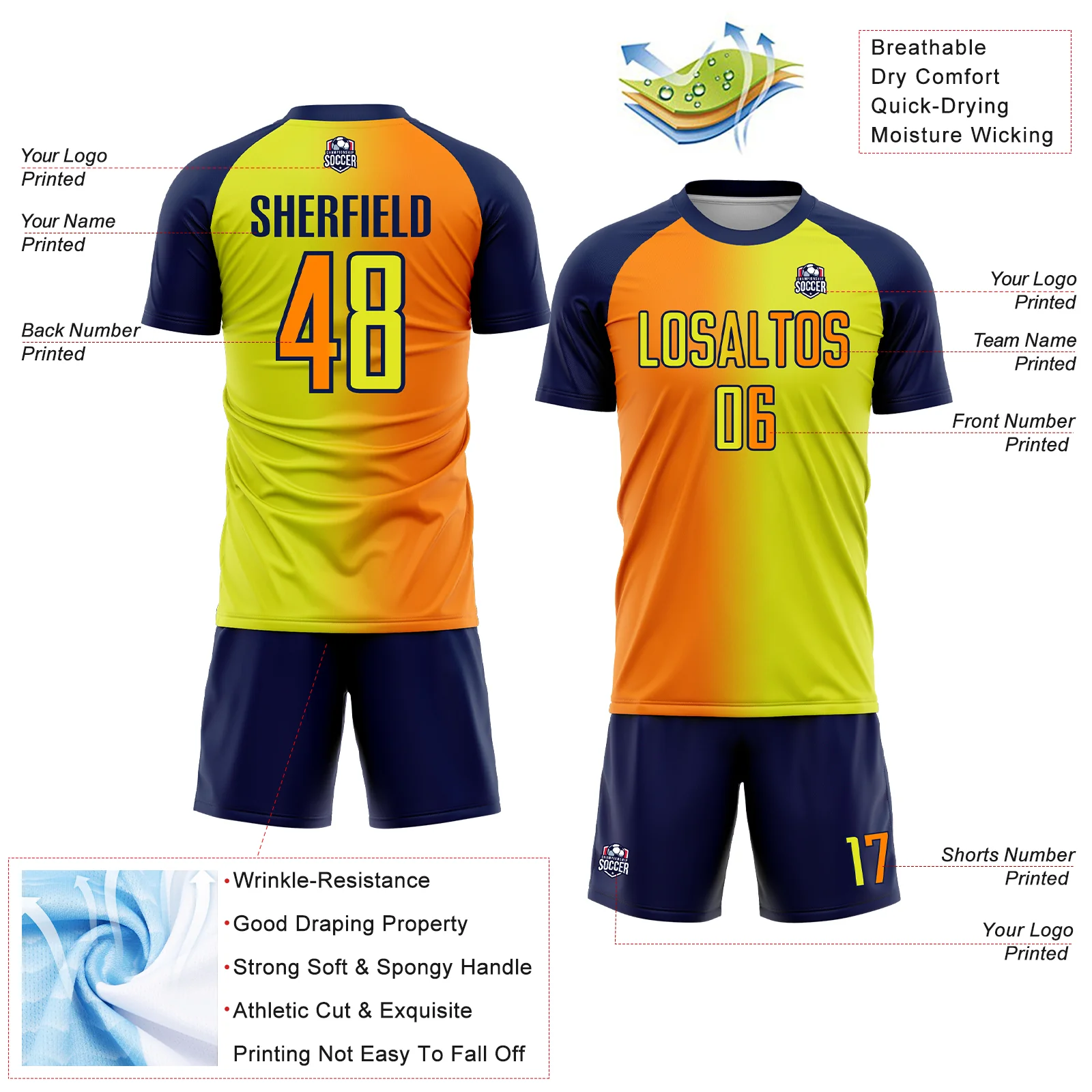 Custom Neon Yellow Bay Orange-Navy Sublimation Gradient Fashion Soccer Uniform Jersey - Image 4