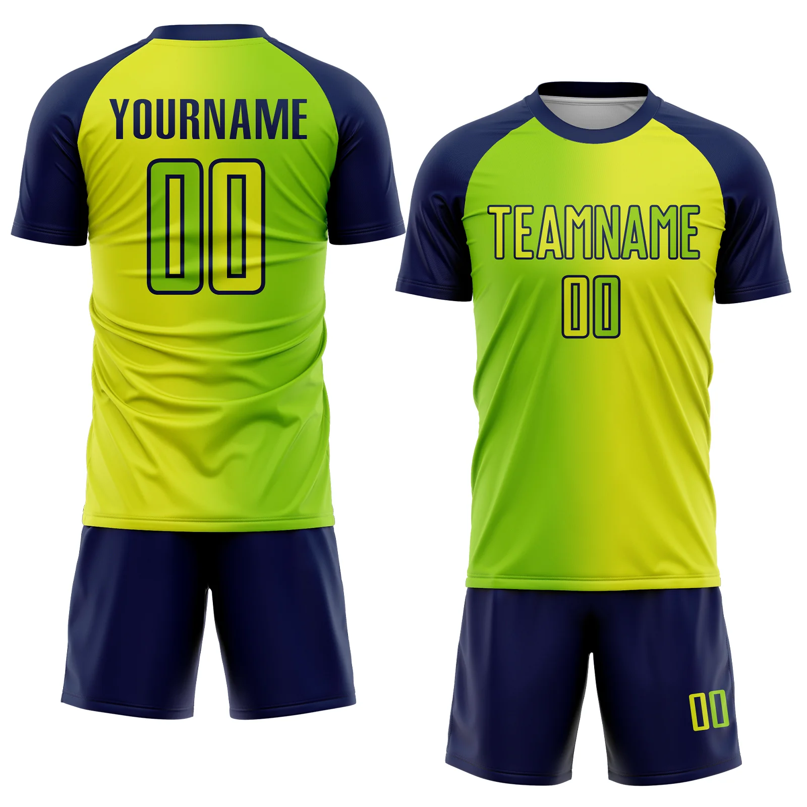 Custom Neon Yellow Neon Green-Navy Sublimation Gradient Fashion Soccer Uniform Jersey - Image 2