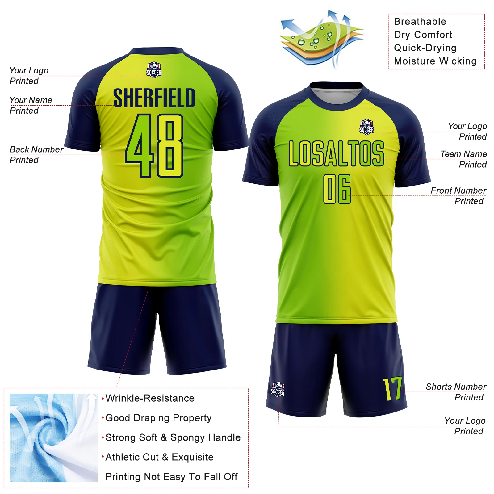 Custom Neon Yellow Neon Green-Navy Sublimation Gradient Fashion Soccer Uniform Jersey - Image 4