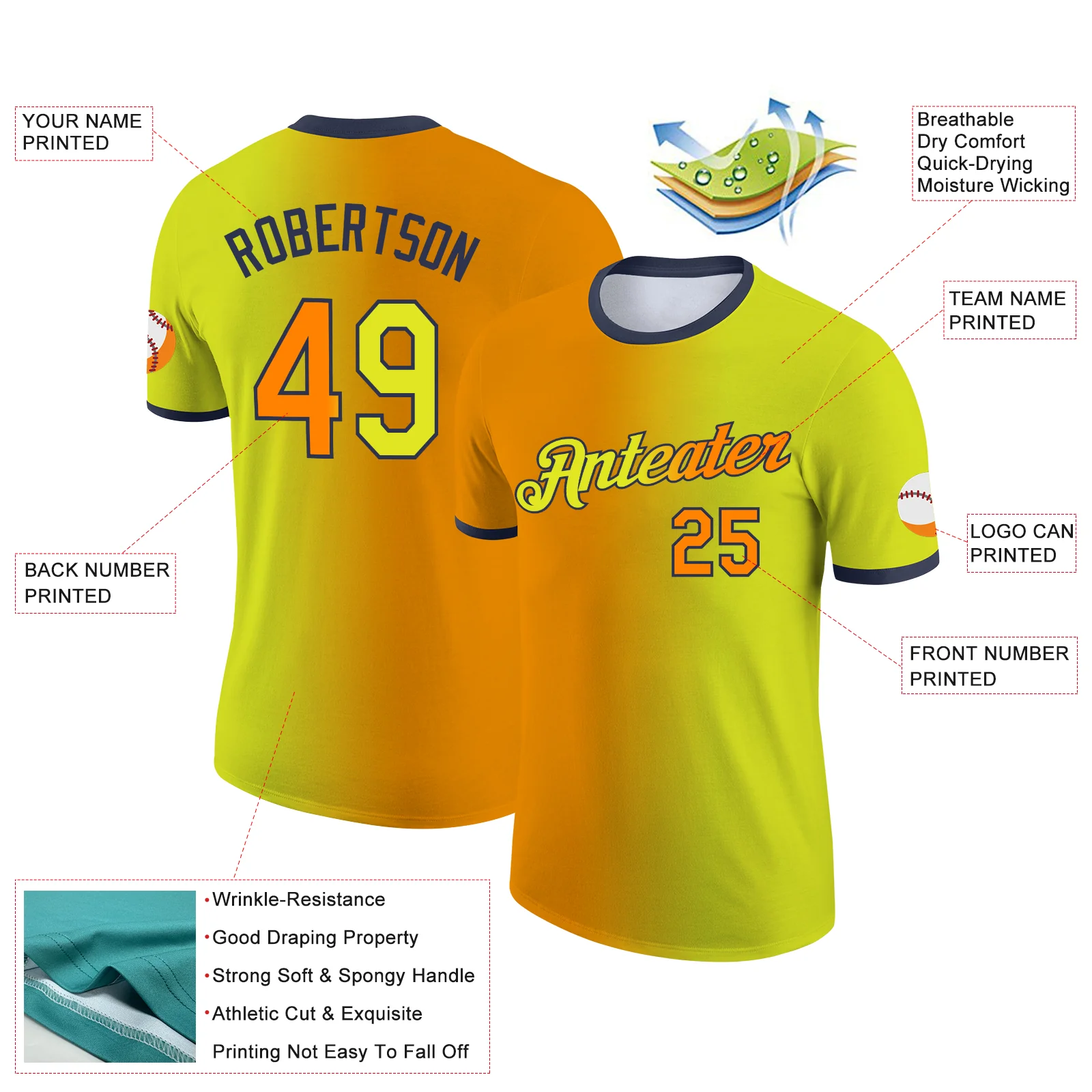 Custom Neon Yellow Bay Orange-Navy Gradient Fashion Performance T-Shirt - Image 2