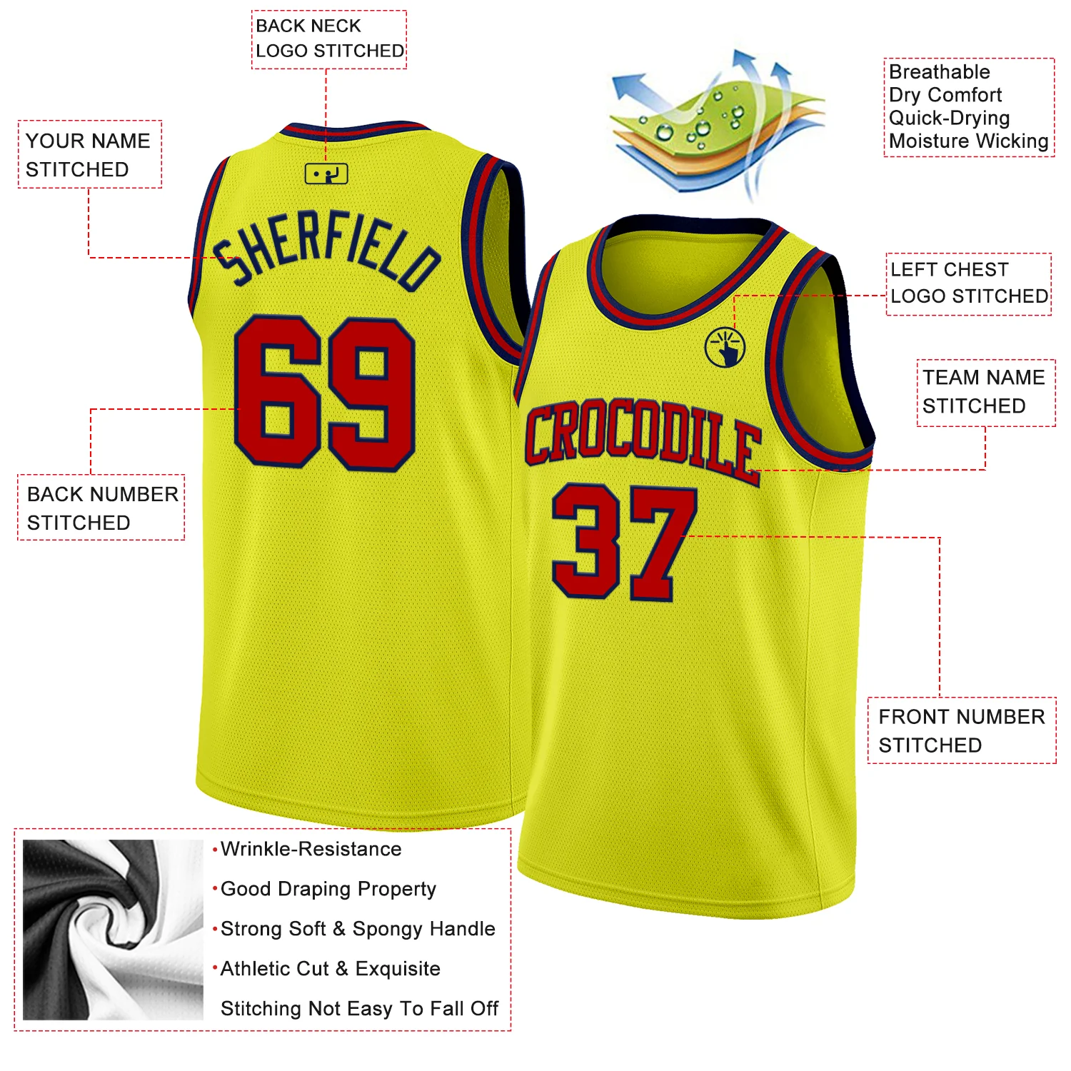 Custom Neon Yellow Red-Navy Authentic Basketball Jersey - Image 2